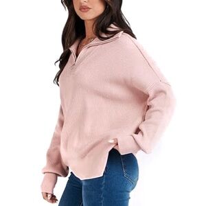 Boutique Light Baby Pink Oversized Baggy Fit Quarter Zip O-ring Sweater Jacket